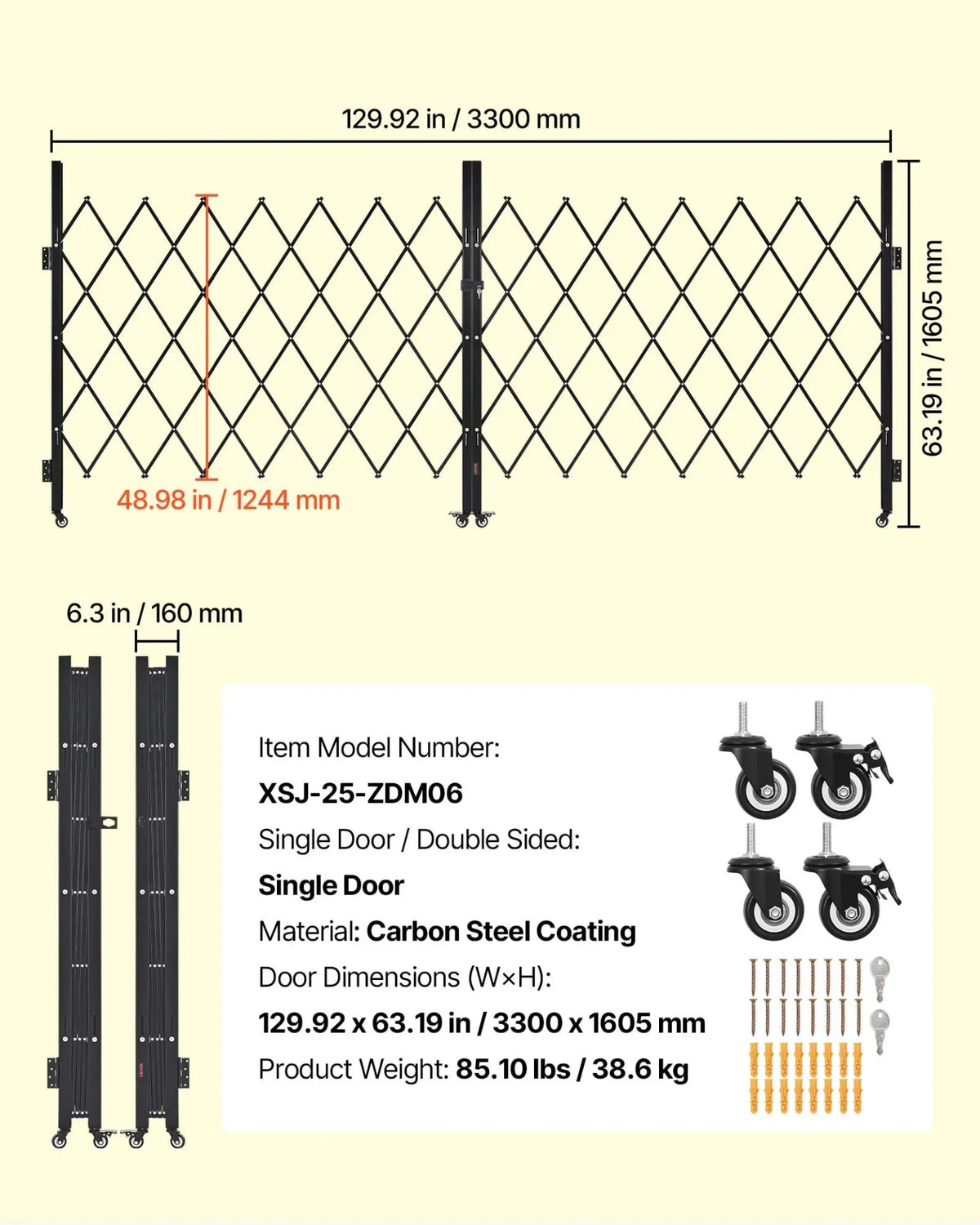 VEVOR Double Folding Security Gate, Lockable Scissor Gate with 360° Swivel Casters, Outdoor Barricade Steel Retractable Gates, for Entry Security, Garage, Warehouse & Pool, 129.92 x 63.19 in (W x H) - View 6