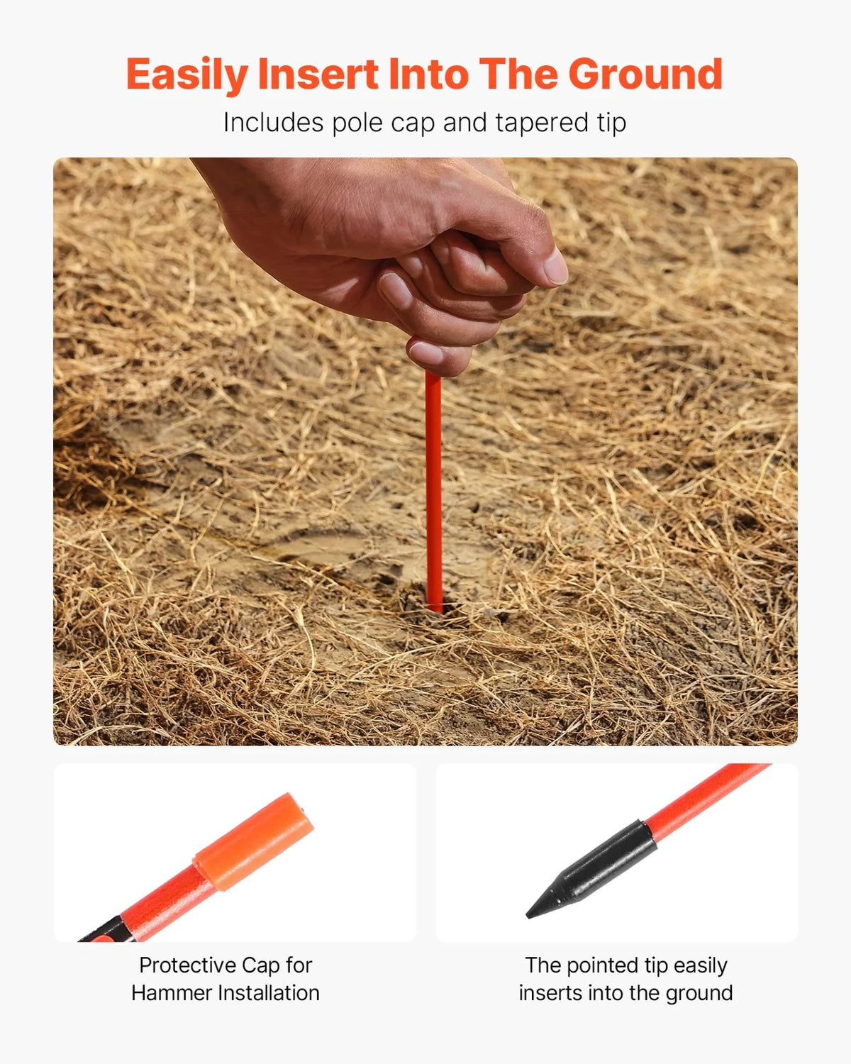 VEVOR Driveway Markers, 200Pcs 48 in Long 1/4 in Dia, Hi-Visibility Driveway Reflectors with 12 in Steel Drill Bits, Reflective Snow Sticks Fiberglass Pole for Parking Lots, Walkways, Snow Plowing - View 3