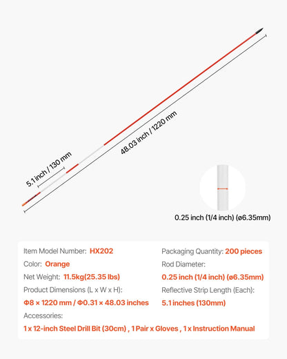 VEVOR Driveway Markers, 200Pcs 48 in Long 1/4 in Dia, Hi-Visibility Driveway Reflectors with 12 in Steel Drill Bits, Reflective Snow Sticks Fiberglass Pole for Parking Lots, Walkways, Snow Plowing - View 6