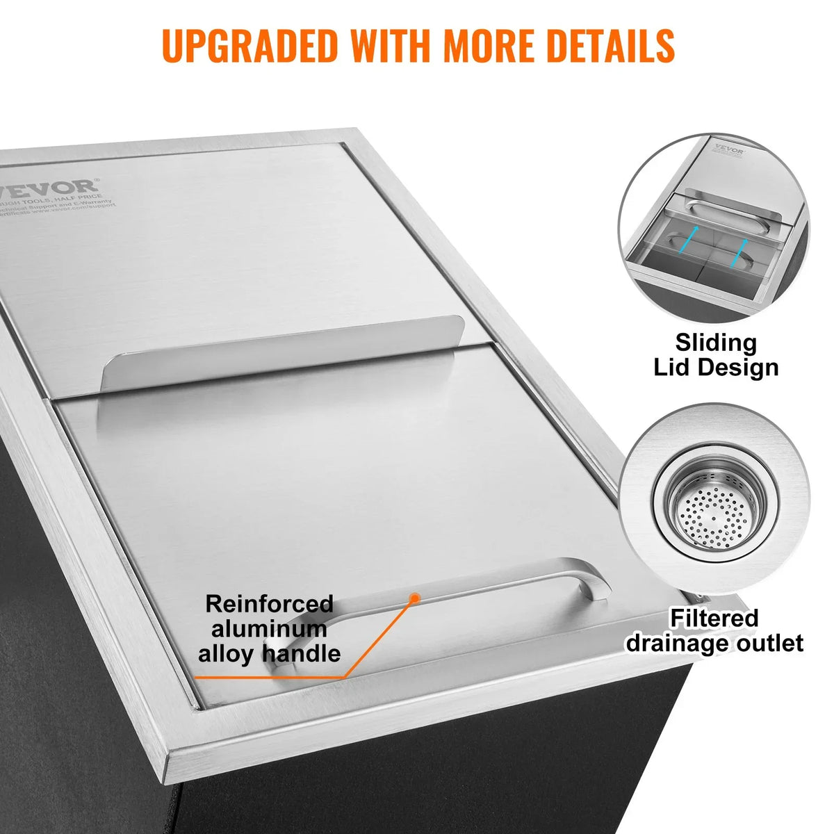 VEVOR Drop in Ice Chest, 18"L x 12"W x 14.5"H Stainless Steel Ice Cooler, Commercial Ice Bin with Sliding Cover, 40.9 qt Outdoor Kitchen Ice Bar, Drain-pipe and Drain Plug Included, for Cold Wine Beer - View 4
