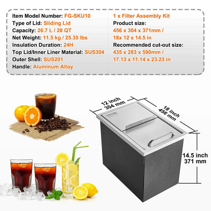 VEVOR Drop in Ice Chest, 18"L x 12"W x 14.5"H Stainless Steel Ice Cooler, Commercial Ice Bin with Sliding Cover, 40.9 qt Outdoor Kitchen Ice Bar, Drain-pipe and Drain Plug Included, for Cold Wine Beer - View 6