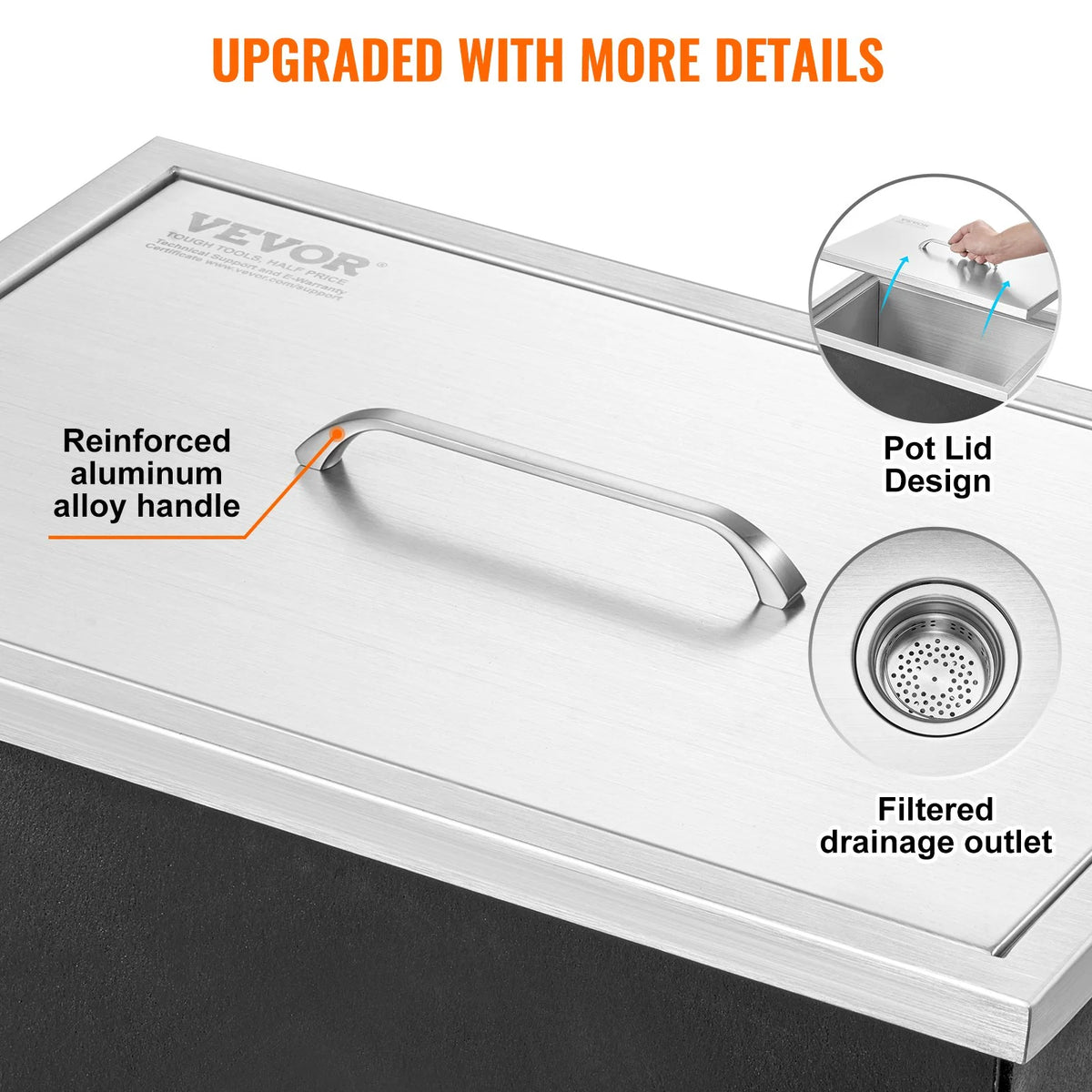 VEVOR Drop in Ice Chest, 20"L x 14"W x 12"H Stainless Steel Ice Cooler, Commercial Ice Bin with Cover, 40 qt Outdoor Kitchen Ice Bar, Drain-pipe and Drain Plug Included, for Cold Wine Beer - View 4