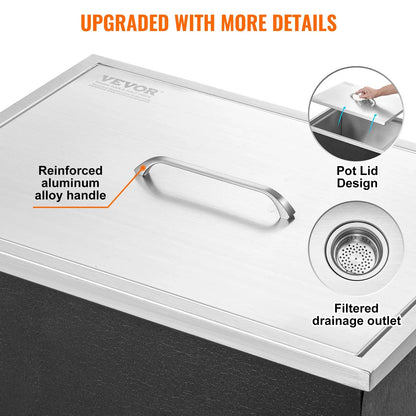 VEVOR Drop in Ice Chest, 22"L x 17"W x 12"H Stainless Steel Ice Cooler, Commercial Ice Bin with Cover, 40 qt Outdoor Kitchen Ice Bar, Drain-pipe and Drain Plug Included, for Cold Wine Beer - View 4