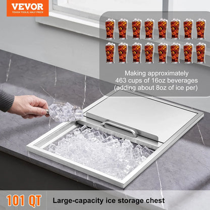 VEVOR Drop in Ice Chest, 27"L x 18"W x 21"H Stainless Steel Ice Cooler, Commercial Ice Bin with Sliding Cover, 40.9 qt Outdoor Kitchen Ice Bar, Drain-pipe and Drain Plug Included, for Cold Wine Beer
