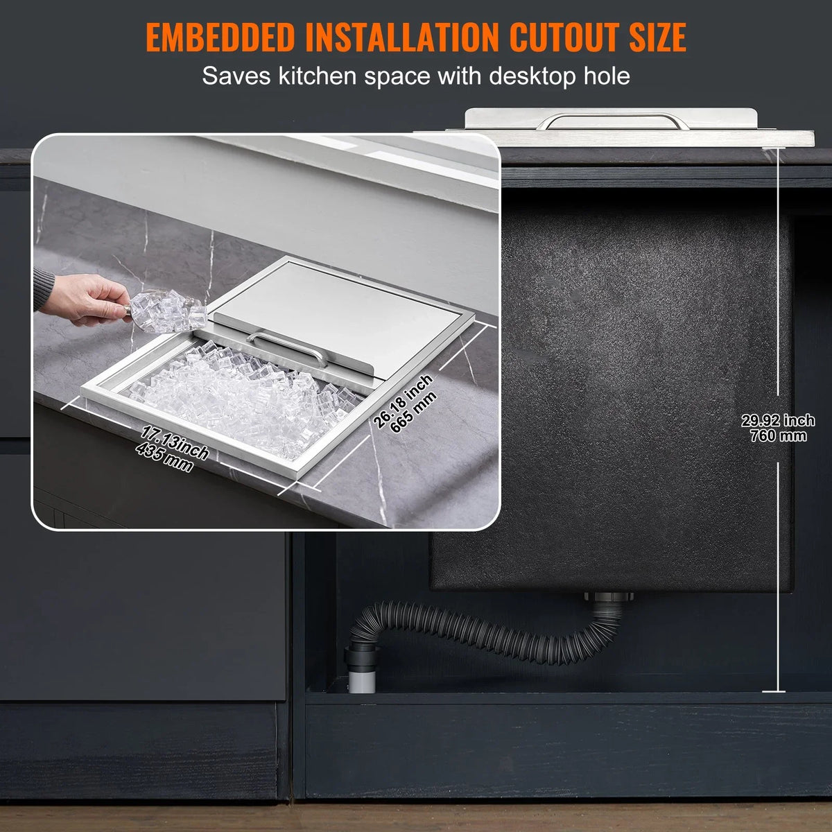 VEVOR Drop in Ice Chest, 27"L x 18"W x 21"H Stainless Steel Ice Cooler, Commercial Ice Bin with Sliding Cover, 40.9 qt Outdoor Kitchen Ice Bar, Drain-pipe and Drain Plug Included, for Cold Wine Beer - View 5