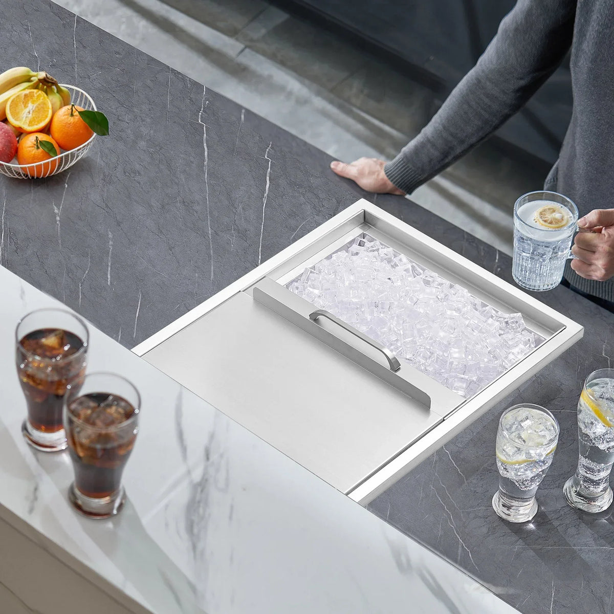 VEVOR Drop in Ice Chest, 27"L x 18"W x 21"H Stainless Steel Ice Cooler, Commercial Ice Bin with Sliding Cover, 40.9 qt Outdoor Kitchen Ice Bar, Drain-pipe and Drain Plug Included, for Cold Wine Beer - View 7