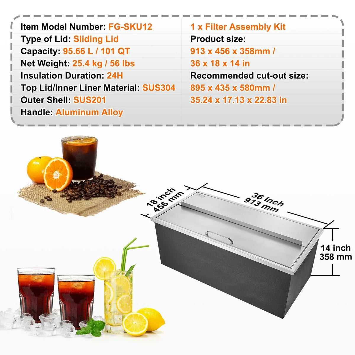 VEVOR Drop in Ice Chest, 36"L x 18"W x 14"H Stainless Steel Ice Cooler, Commercial Ice Bin with Sliding Cover, 40.9 qt Outdoor Kitchen Ice Bar, Drain-pipe and Drain Plug Included, for Cold Wine Beer - View 6