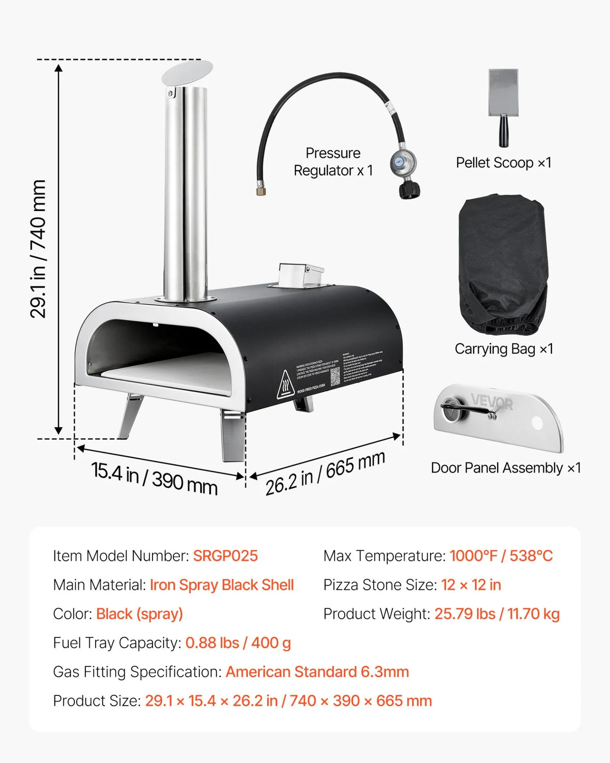 VEVOR Dual Fuel Pizza Oven Outdoor, 12 in Wood Fire & Propane Gas Pizza Oven, Portable Pellet & Propane Pizza-Maker with Thermometer, Iron Spray Black Shell Pizza-Cook for Outside Camping & Backyard - View 7