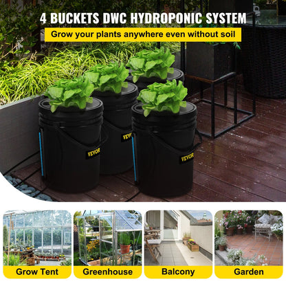 VEVOR DWC Hydroponic System, 5 Gallon 4 Buckets, Deep Water Culture Growing Bucket, Hydroponics Grow Kit with Pump, Air Stone and Water Level Device, for Indoor/Outdoor Leafy Vegetables