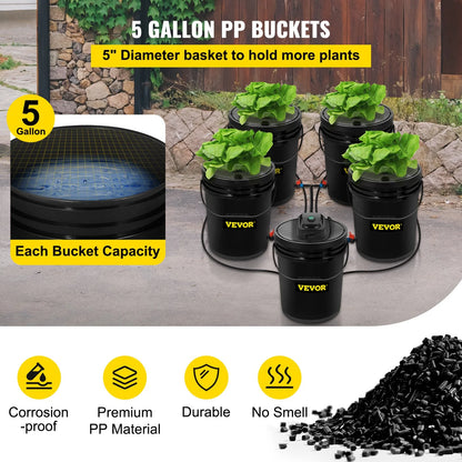 VEVOR DWC Hydroponic System, 5 Gallon 5 Buckets, Deep Water Culture Growing Bucket, Hydroponics Grow Kit with Pump, Air Stone and Connected Reservoir, for Indoor/Outdoor Leafy Vegetables - View 2