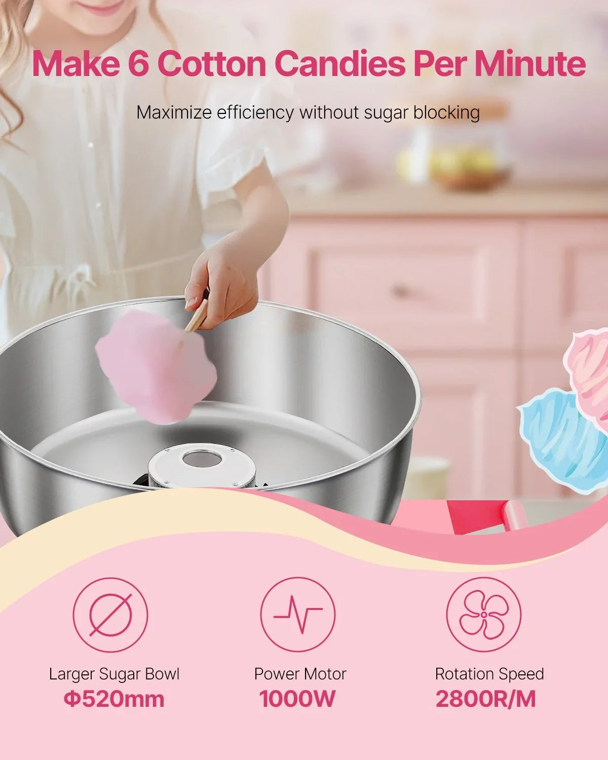 VEVOR Electric Cotton Candy Machine with Cart, 1000W Commercial Candy Floss Maker with 20.5 in Stainless Steel Bowl, Sugar Scoop, and Drawer, Easy to Use, for Home, Kids Birthday, Family Party, Pink