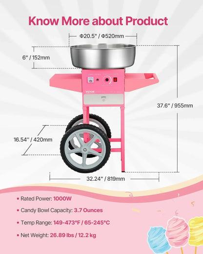 VEVOR Electric Cotton Candy Machine with Cart, 1000W Commercial Candy Floss Maker with 20.5 in Stainless Steel Bowl, Sugar Scoop, and Drawer, Easy to Use, for Home, Kids Birthday, Family Party, Pink - View 6
