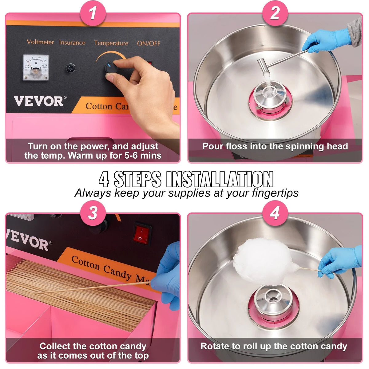 VEVOR Electric Cotton Candy Machine with Cart, 1000W Commercial Floss Maker with Stainless Steel Bowl, Sugar Scoop and Drawer, Perfect for Home, Kids Birthday, Family Party, Pink - View 5