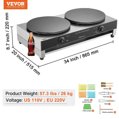 VEVOR Electric Crepe Maker, 16-Inch Double Head Commercial Crepe Machine, 3400W Flat Plate Crepe Griddle, Nonstick Stainless Steel Pancake Making, Desktop Circular Cereals Pancake Stove, AC120V 60Hz - View 11