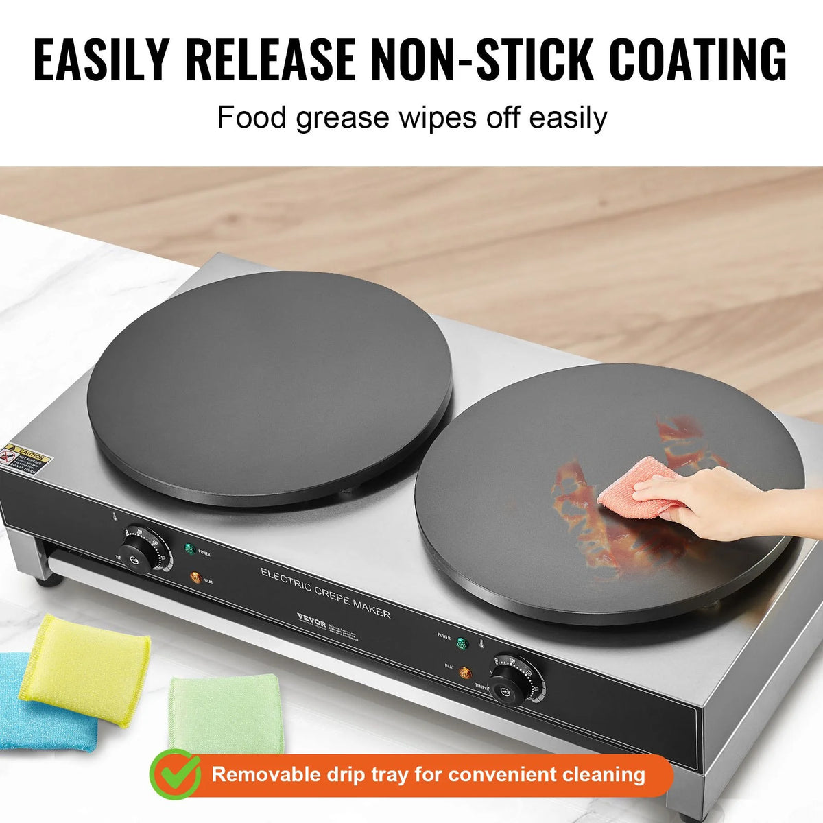 VEVOR Electric Crepe Maker, 16-Inch Double Head Commercial Crepe Machine, 3400W Flat Plate Crepe Griddle, Nonstick Stainless Steel Pancake Making, Desktop Circular Cereals Pancake Stove, AC120V 60Hz - View 3