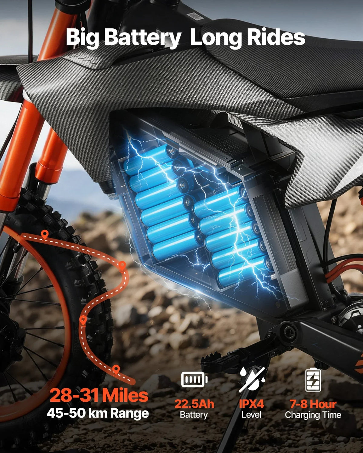VEVOR Electric Dirt Bike for Teens Adults, 2000W Motor, 31 MPH Speed, 31 Miles Max Range, 48V 22.5Ah Battery, Off-Road Motorcycle with Light, Display, Dual Suspension & Hydraulic Brakes for Age 14+ - View 3