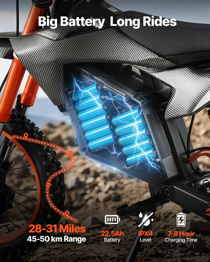 VEVOR Electric Dirt Bike for Teens Adults, 2000W Motor, 31 MPH Speed, 31 Miles Max Range, 48V 22.5Ah Battery, Off-Road Motorcycle with Light, Display, Dual Suspension & Hydraulic Brakes for Age 14+ - View 3