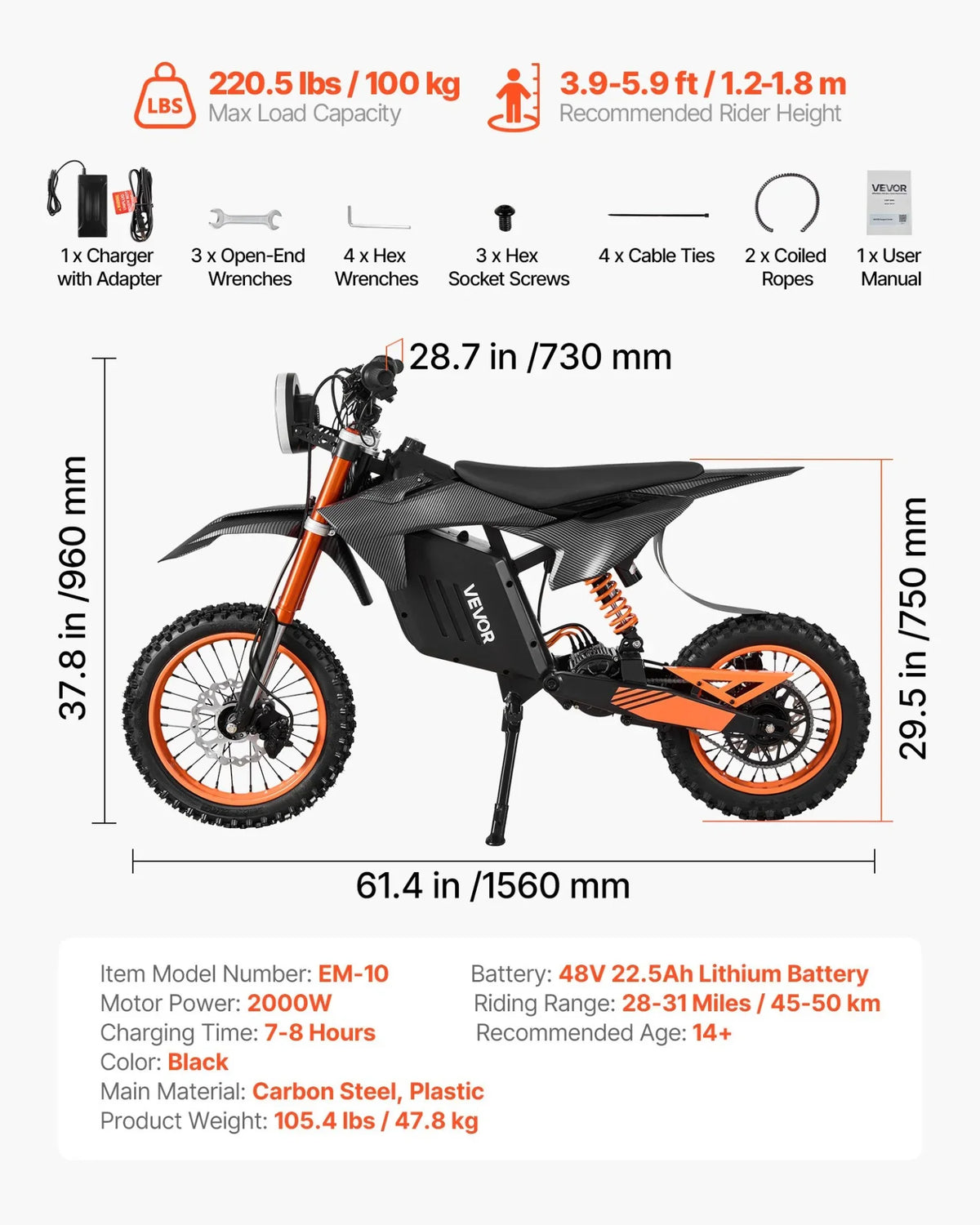 VEVOR Electric Dirt Bike for Teens Adults, 2000W Motor, 31 MPH Speed, 31 Miles Max Range, 48V 22.5Ah Battery, Off-Road Motorcycle with Light, Display, Dual Suspension & Hydraulic Brakes for Age 14+ - View 7