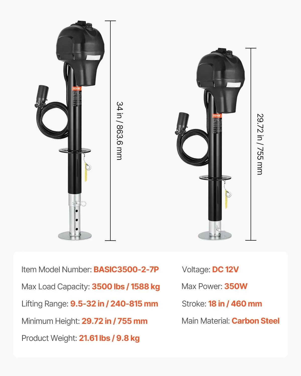 VEVOR Electric Trailer Jack, 3500 lbs, Heavy Duty RV Electric Power Tongue Jack with 7-pin Connector, Manual Crank Handle & Weatherproof Jack Cover, 9.5"-27.5" Lift, for Trailers, Campers & RVs, Black - View 6