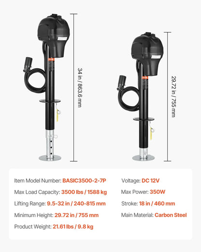 VEVOR Electric Trailer Jack, 3500 lbs, Heavy Duty RV Electric Power Tongue Jack with 7-pin Connector, Manual Crank Handle & Weatherproof Jack Cover, 9.5"-27.5" Lift, for Trailers, Campers & RVs, Black - View 6