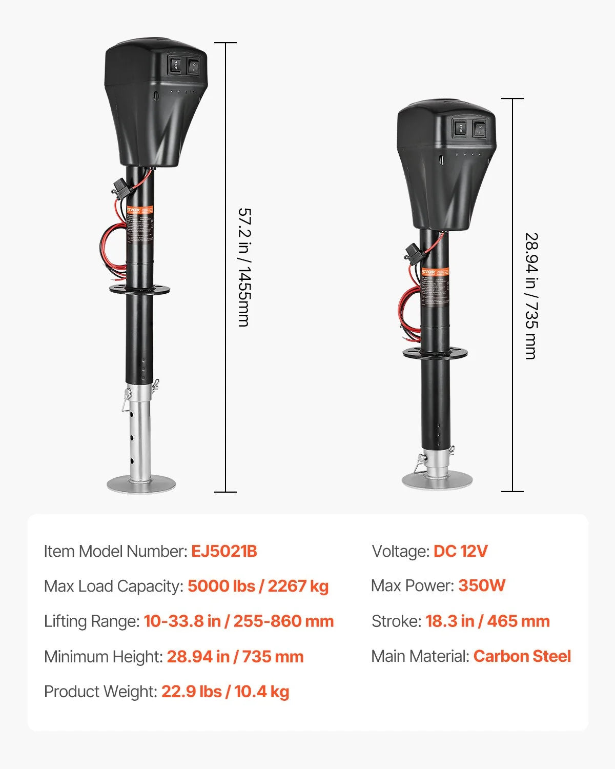 VEVOR Electric Trailer Jack, 5000 lbs, Heavy Duty RV Electric Power Tongue Jack with 2 Way Connector, Manual Crank Handle & Weatherproof Jack Cover, 10"-28.3" Lift, for RVs, Trailers & Campers, Black - View 7