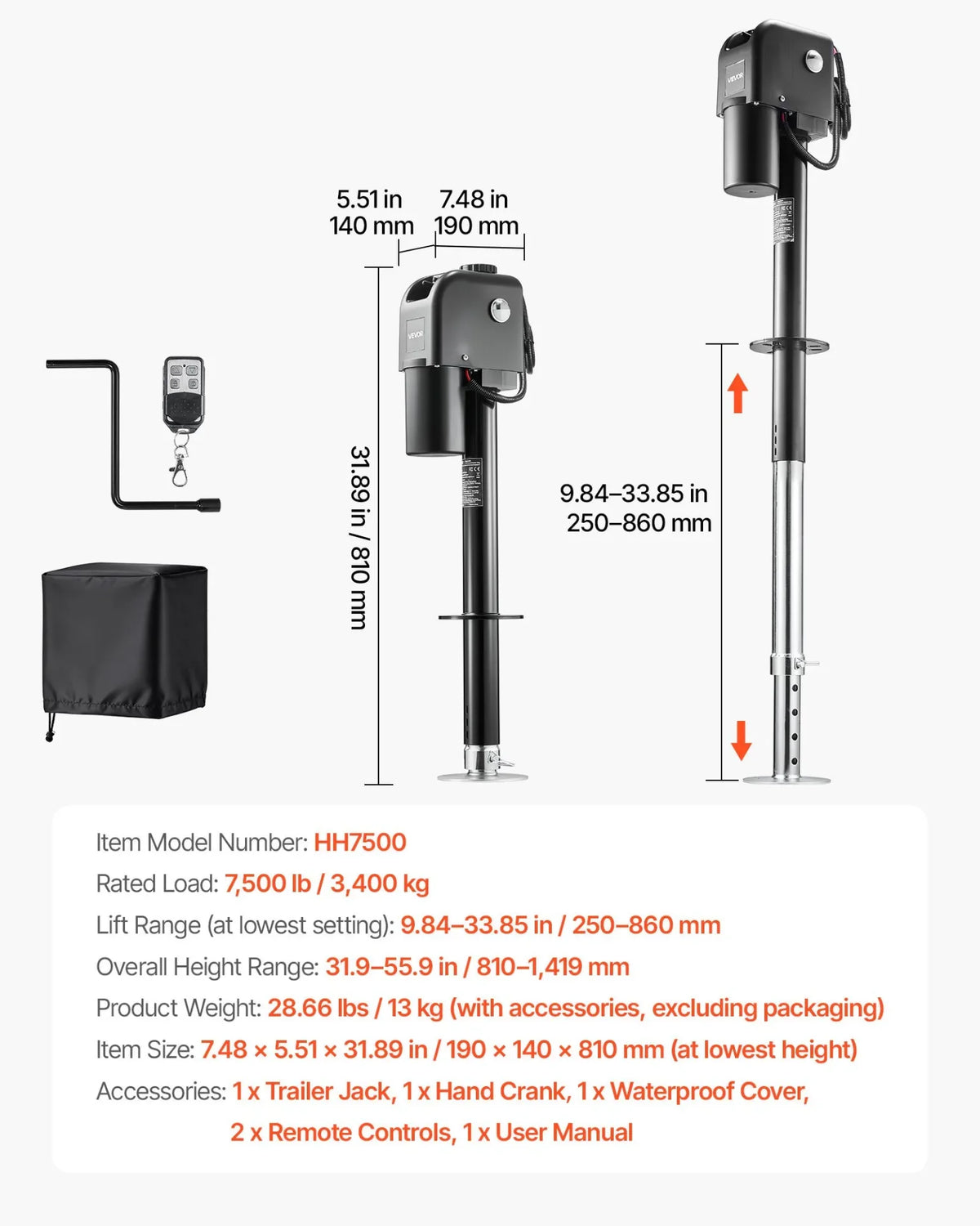 VEVOR Electric Trailer Jack, 7500 lbs Capacity, Electric Power Tongue Jack with Waterproof Protective Cover & LED Light for Travel Trailer, Camper, RV, 9.84-27.84 in Lift, 12V DC with Wiring, Black - View 6