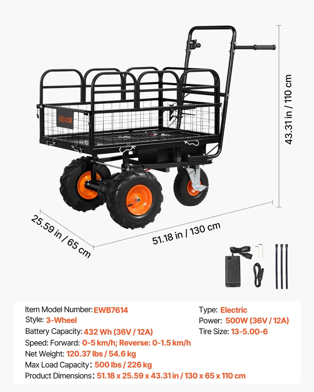 VEVOR Electric Utility Cart, 36V 432Wh Battery Powered Electric Wagon, 500W Power Wheelbarrow with Brake, 500 lbs Load Heavy Duty Steel Garden Cart for Farm and Yard All Purpose Modular Cargo Bed - View 6