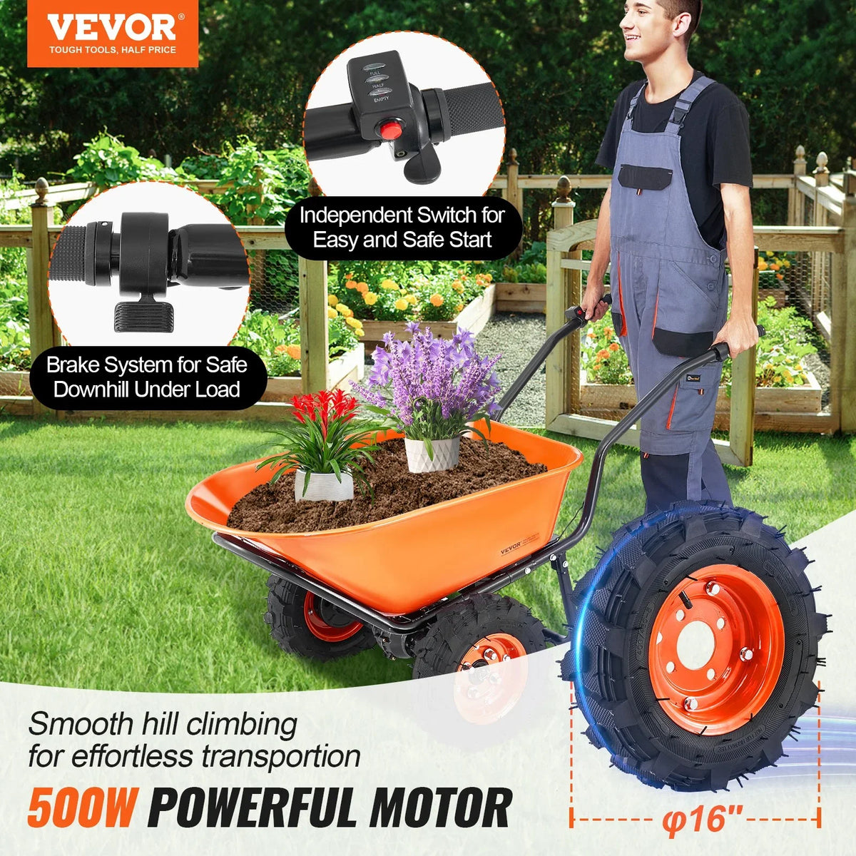 VEVOR Electric Wheelbarrow Cart, 500W Powered Utility Garden Wagon Dump Cart, 7 Cu. Ft. Load & 573 lbs Capacity with Metal Handle & 16" Track Wheels, Two Wheel Barrow Yard Cart & Wagons for Lawn Farm