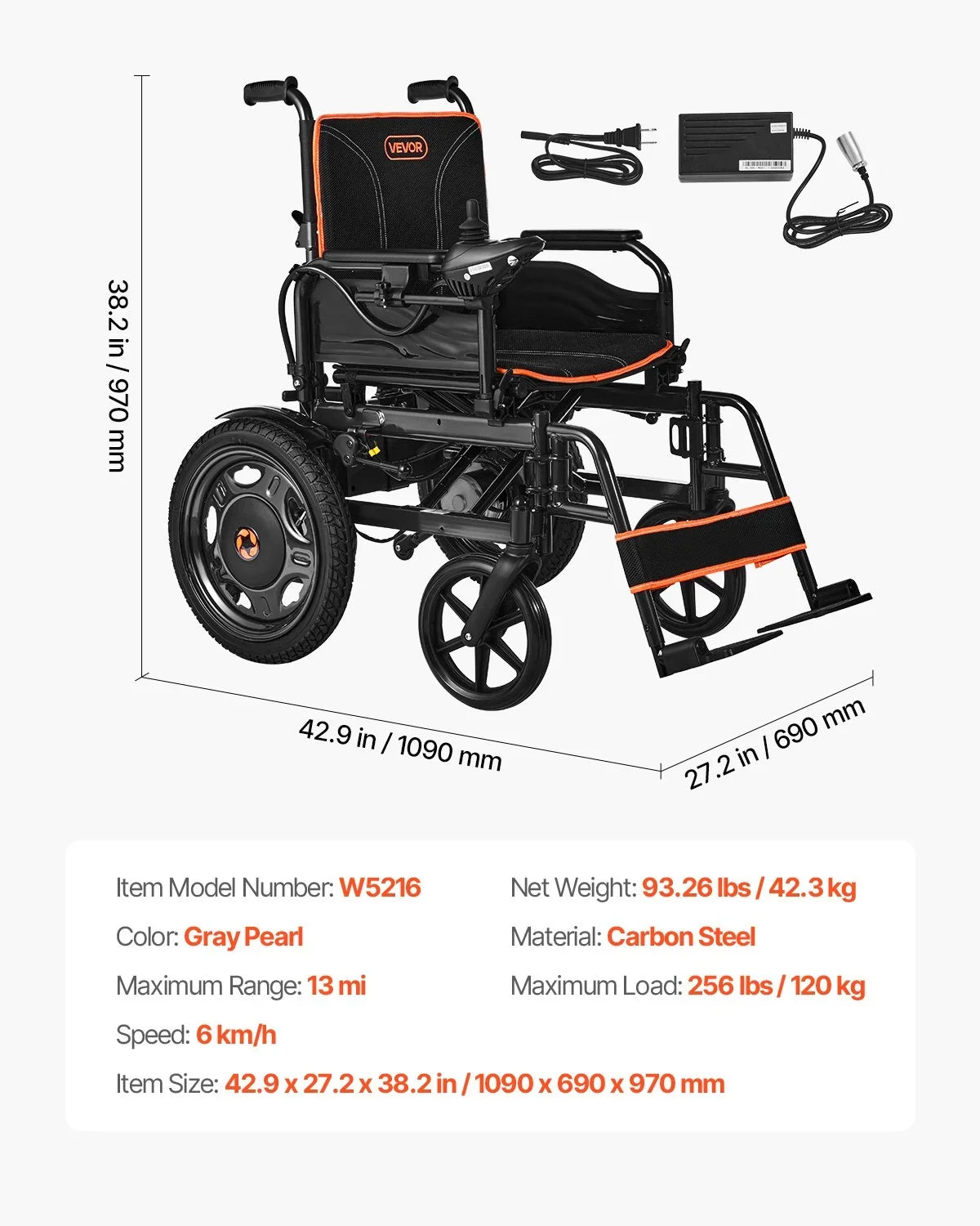 VEVOR Electric Wheelchair for Adults, 265lbs Capacity, Foldable & Lightweight Motorized Wheelchair, 13-Mile Long Travel Range, All-Terrain Powered Chair, Portable for Seniors & Disabled - View 6