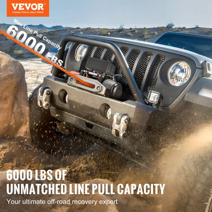 VEVOR Electric Winch, 6000 lb, 12V DC Truck Winch with Φ1/4 in x 55 ft Synthetic Rope Aluminum Fairlead Wireless & Wired Remote Control, IP55 Waterproof for Towing Off-Road SUV Truck Jeep Trailer Boat