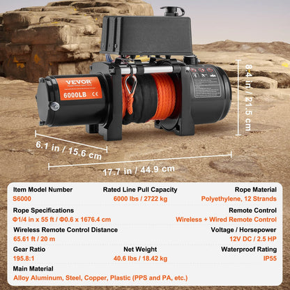 VEVOR Electric Winch, 6000 lb, 12V DC Truck Winch with Φ1/4 in x 55 ft Synthetic Rope Aluminum Fairlead Wireless & Wired Remote Control, IP55 Waterproof for Towing Off-Road SUV Truck Jeep Trailer Boat - View 6