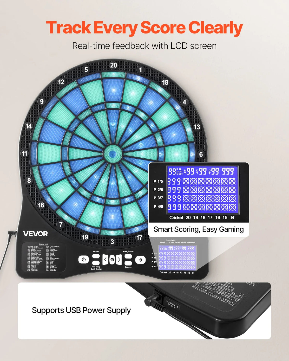 VEVOR Electronic Dart Board, LED-Illuminated Target Dartboard with 48 Games & 500+ Variations, Includes 6 Dart Shafts with Flights & 50 Soft Tips, Cricket Scoring LCD Screen - Supports Up to 8 Players - View 3