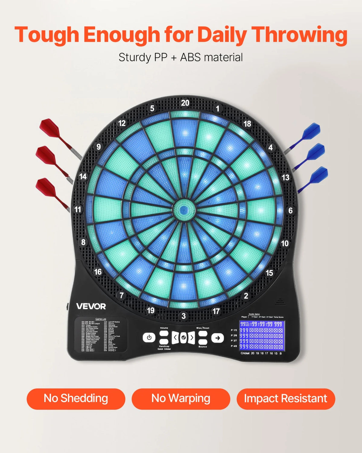 VEVOR Electronic Dart Board, LED-Illuminated Target Dartboard with 48 Games & 500+ Variations, Includes 6 Dart Shafts with Flights & 50 Soft Tips, Cricket Scoring LCD Screen - Supports Up to 8 Players - View 4