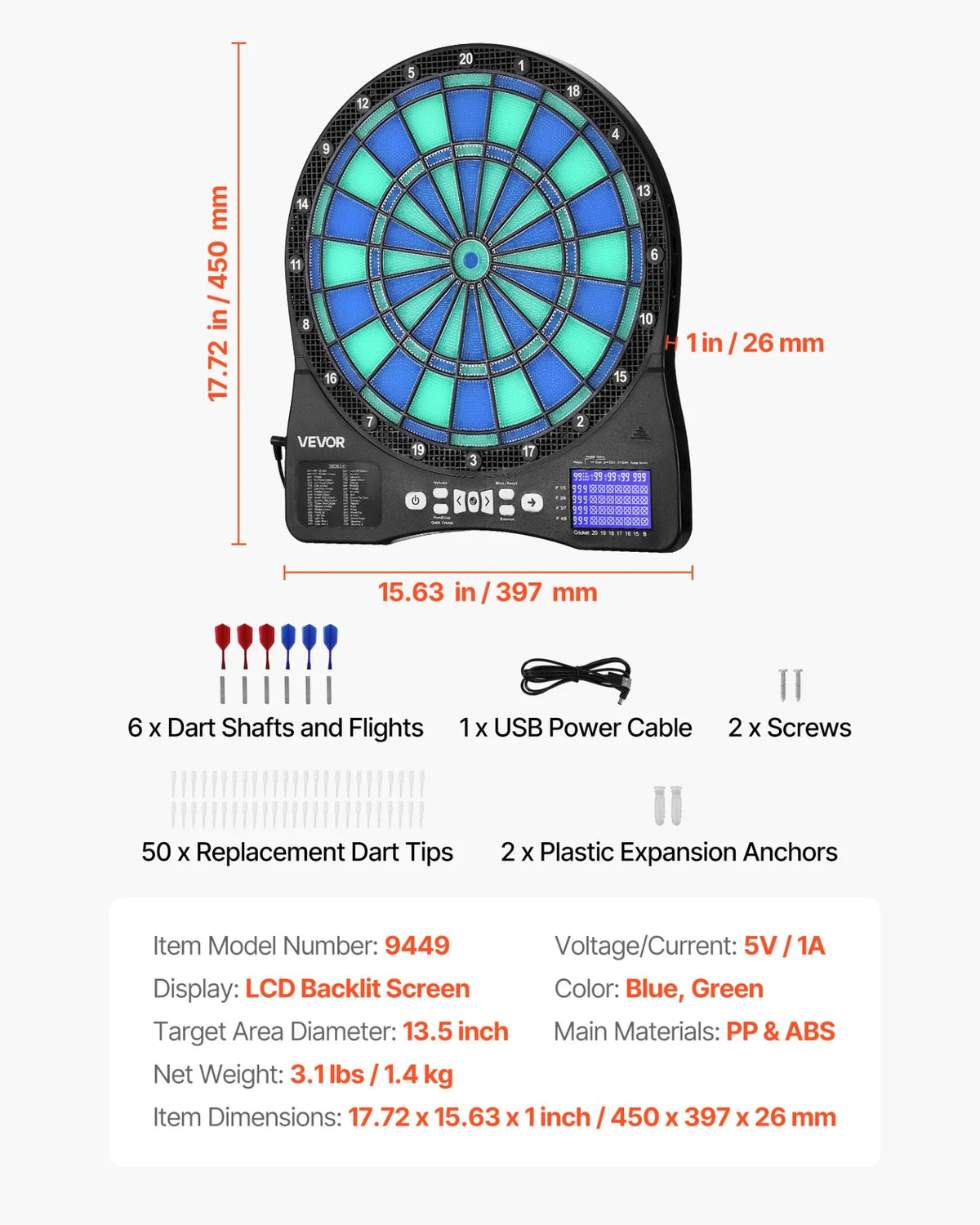 VEVOR Electronic Dart Board, LED-Illuminated Target Dartboard with 48 Games & 500+ Variations, Includes 6 Dart Shafts with Flights & 50 Soft Tips, Cricket Scoring LCD Screen - Supports Up to 8 Players - View 6