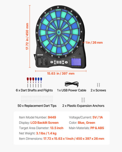 VEVOR Electronic Dart Board, LED-Illuminated Target Dartboard with 48 Games & 500+ Variations, Includes 6 Dart Shafts with Flights & 50 Soft Tips, Cricket Scoring LCD Screen - Supports Up to 8 Players - View 6
