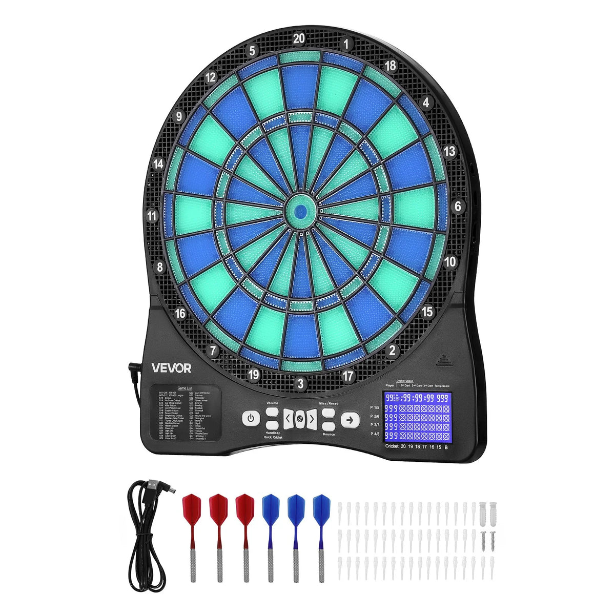 VEVOR Electronic Dart Board, LED-Illuminated Target Dartboard with 48 Games & 500+ Variations, Includes 6 Dart Shafts with Flights & 50 Soft Tips, Cricket Scoring LCD Screen - Supports Up to 8 Players - View 8