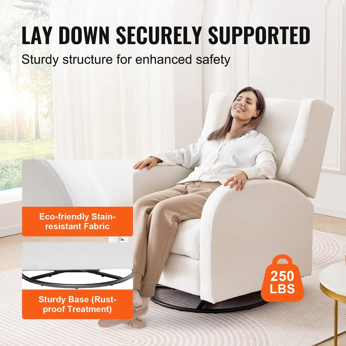 VEVOR Electronic Power Recliner and Swivel Glider, 250 lbs Weight Capacity Swivel Glider Recliner Chair with USB Port, Polyester Surface Swivel Rocker Recliner  for Living Room, Bedroom,  Off White - View 11