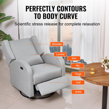 VEVOR Electronic Power Recliner and Swivel Glider, 250 lbs Weight Capacity Swivel Glider Recliner Chair with USB Port, Polyester Surface Swivel Rocker Recliner  for Living Room, Bedroom, Light Gray - View 3