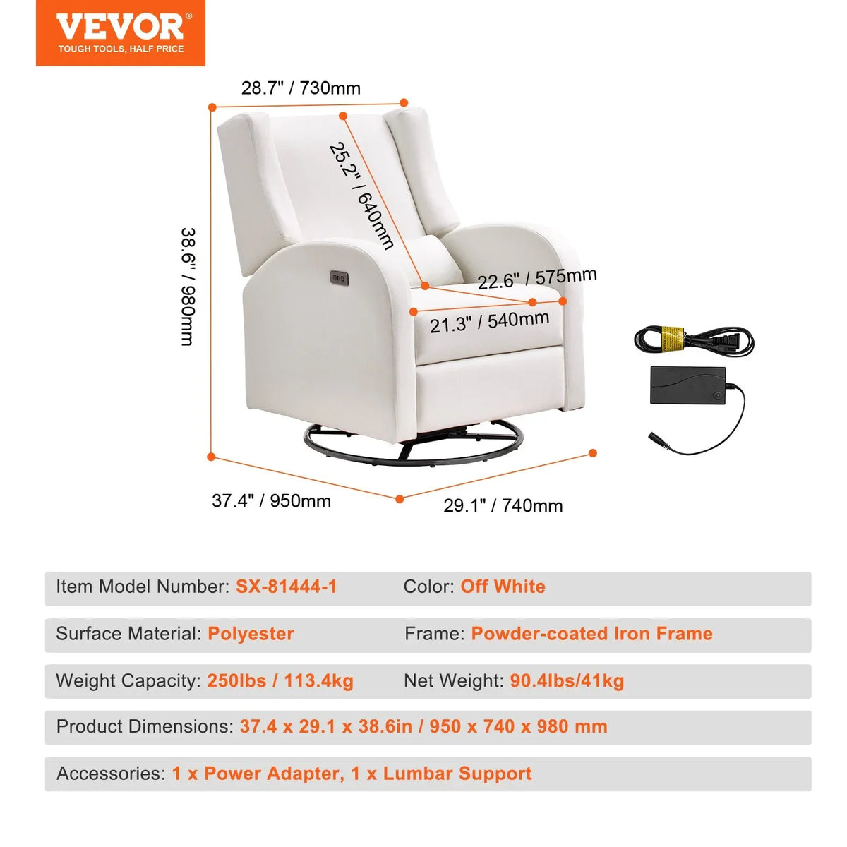 VEVOR Electronic Power Recliner and Swivel Glider, 250 lbs Weight Capacity Swivel Glider Recliner Chair with USB Port, Polyester Surface Swivel Rocker Recliner  for Living Room, Bedroom,  Off White - View 6