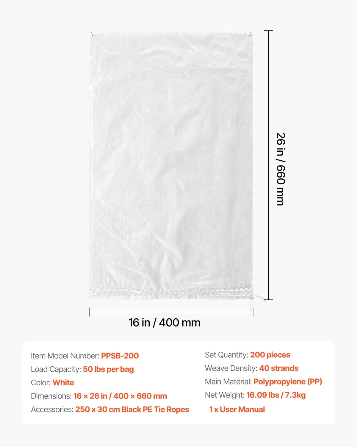 VEVOR Empty Sandbags, 200 Packs 16 x 26 in, Heavy Duty Sand Bags Sacks with Ties, 50lb Capacity Woven Polypropylene Sandbags, Tear-Resistant & UV-Resistant Sand Bags for Flood Protection Barrier - View 6