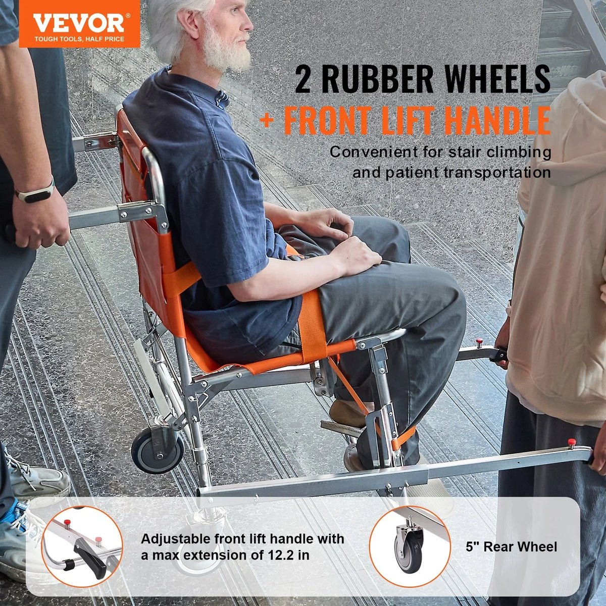 VEVOR EMS Stair Chair, 350 lbs Load Capacity, Foldable Aluminum Emergency Stair Climbing Wheelchair with 2 Wheels, Portable Stair Lift Chair Ambulance Firefighter Evacuation Use for Elderly, Disabled