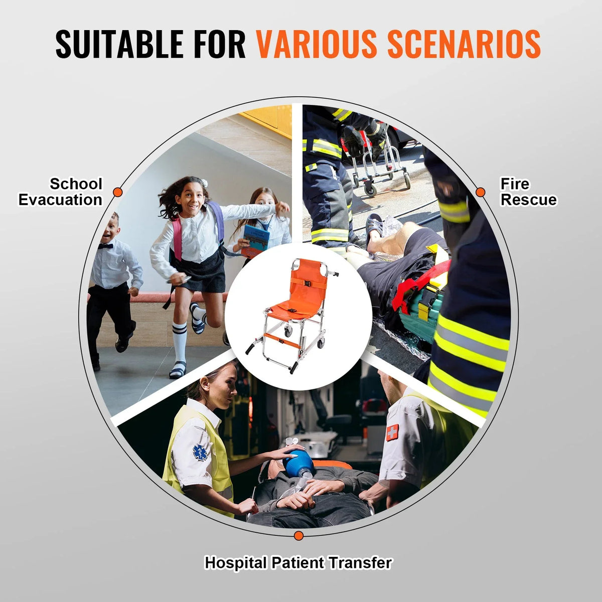 VEVOR EMS Stair Chair, 350 lbs Load Capacity, Foldable Aluminum Emergency Stair Climbing Wheelchair with 2 Wheels, Portable Stair Lift Chair Ambulance Firefighter Evacuation Use for Elderly, Disabled - View 5