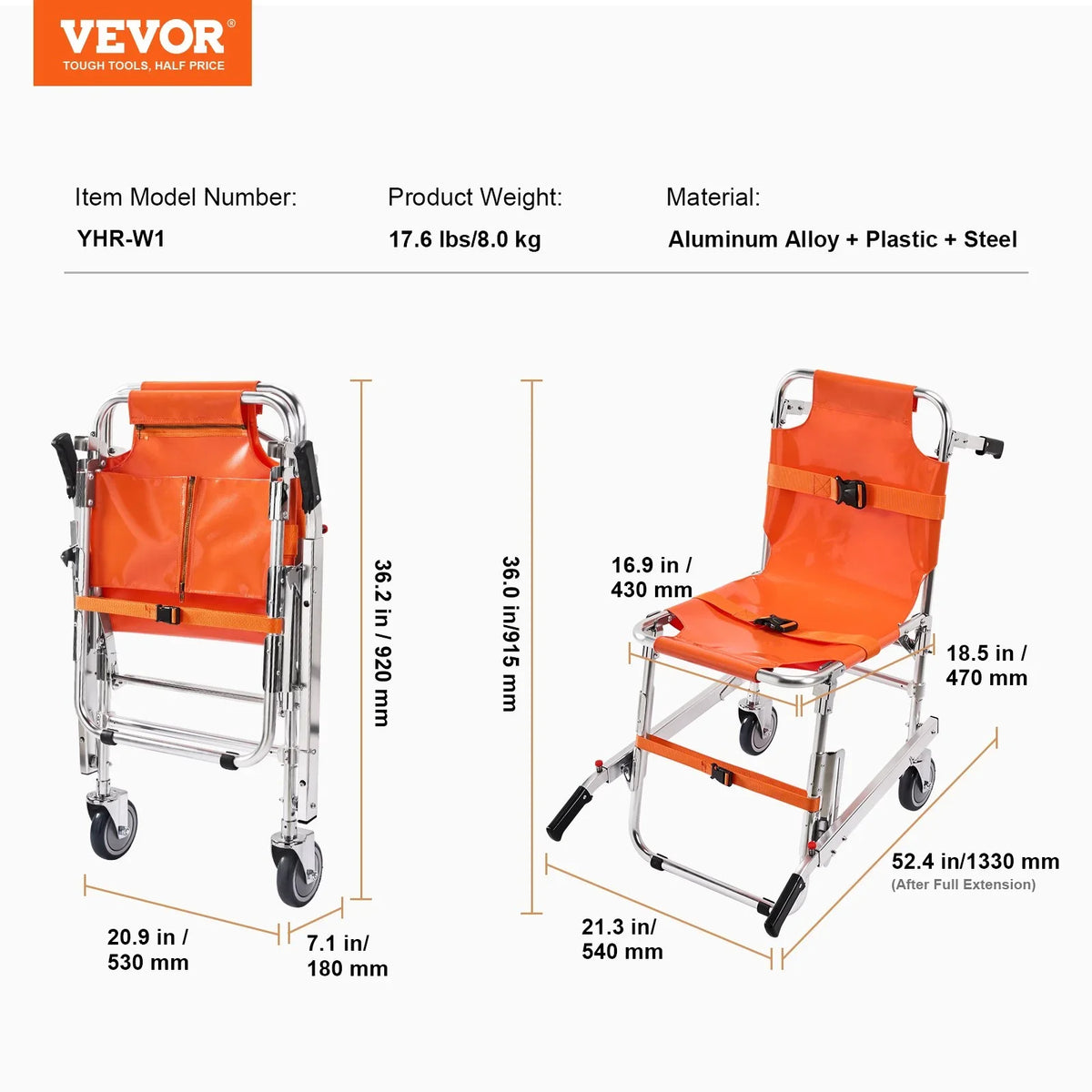 VEVOR EMS Stair Chair, 350 lbs Load Capacity, Foldable Aluminum Emergency Stair Climbing Wheelchair with 2 Wheels, Portable Stair Lift Chair Ambulance Firefighter Evacuation Use for Elderly, Disabled - View 6