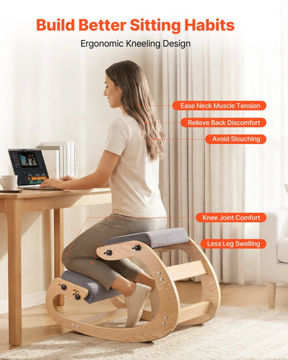 VEVOR Ergonomic Kneeling Chair, Wooden Posture Knee Chair with Adjustable Thick Foam Cushions & Solid Wood Frame, Adjustable Height, Relief for Neck or Back Pain for Home, Office or Meditation, Gray