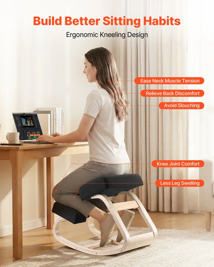 VEVOR Ergonomic Kneeling Chair, Wooden Posture Knee Chair with Thick Foam Cushions and Solid Wood Frame, Adjustable Height, Natural Relief for Neck or Back Pain, Ideal for Home, Office or Meditation