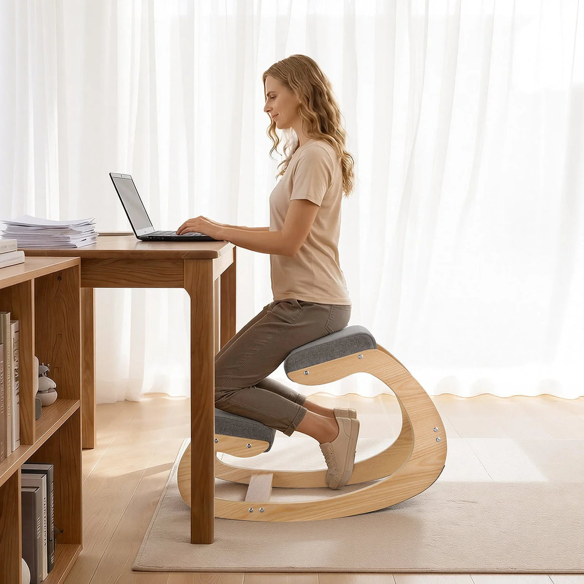 VEVOR Ergonomic Kneeling Chair, Wooden Posture Knee Chair with Thick Foam Cushions and Solid Wood Frame, Adjustable Height, Natural Relief for Neck or Back Pain for Home, Office or Meditation, Gray - View 7