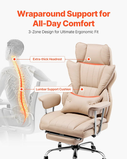 VEVOR Executive Office Chair with Footrest, 400lb Capacity Office Chair with Lumbar Pillow & Removable Armrests, Heavy Duty Ergonomic Chair, PU Leather Reclining Home Office Desk Chairs, Brown