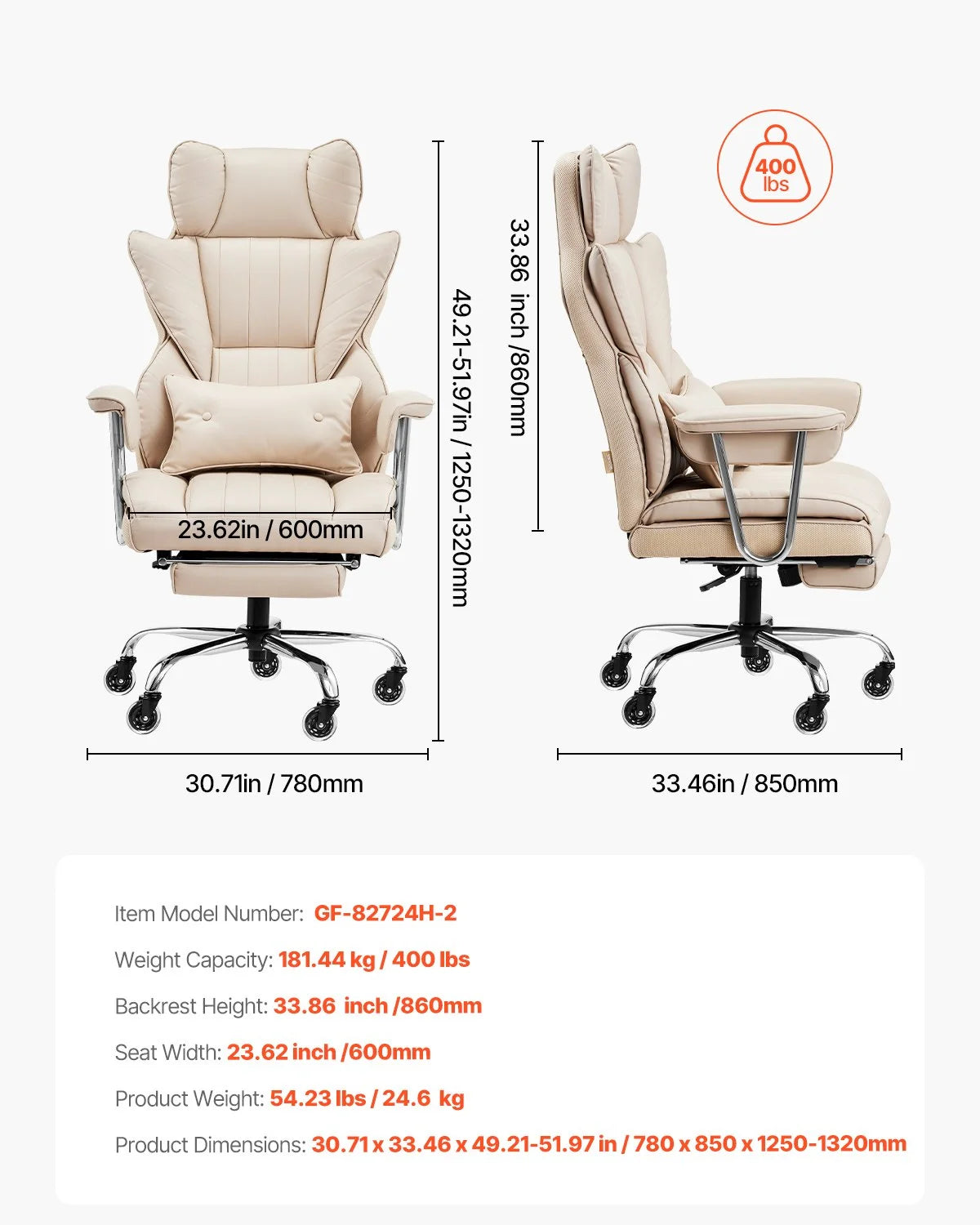 VEVOR Executive Office Chair with Footrest, 400lb Capacity Office Chair with Lumbar Pillow & Removable Armrests, Heavy Duty Ergonomic Chair, PU Leather Reclining Home Office Desk Chairs, Brown - View 6