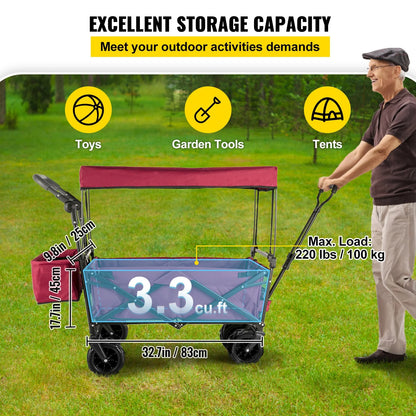 VEVOR Extra Large Collapsible Garden Cart with Removable Canopy, Folding Wagon Utility Carts with Wheels and Rear Storage, Wagon Cart for Garden, Camping, Grocery Cart, Shopping Cart, Red - View 2