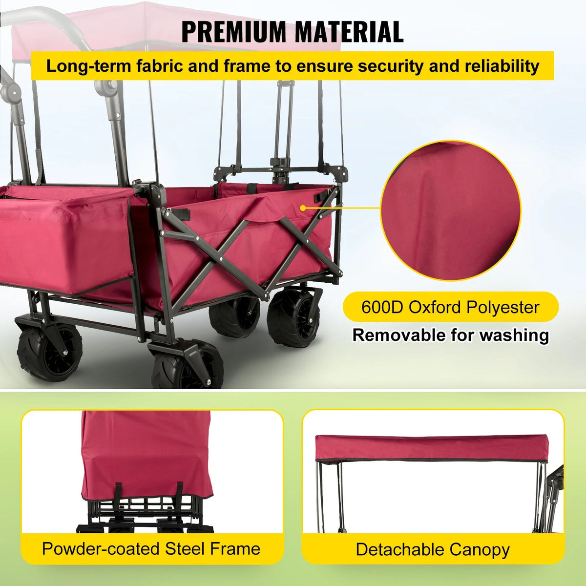 VEVOR Extra Large Collapsible Garden Cart with Removable Canopy, Folding Wagon Utility Carts with Wheels and Rear Storage, Wagon Cart for Garden, Camping, Grocery Cart, Shopping Cart, Red - View 3